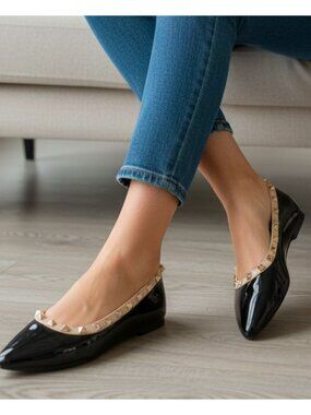 Black Patent Pointed Toe Flats With Gold Studded Trim